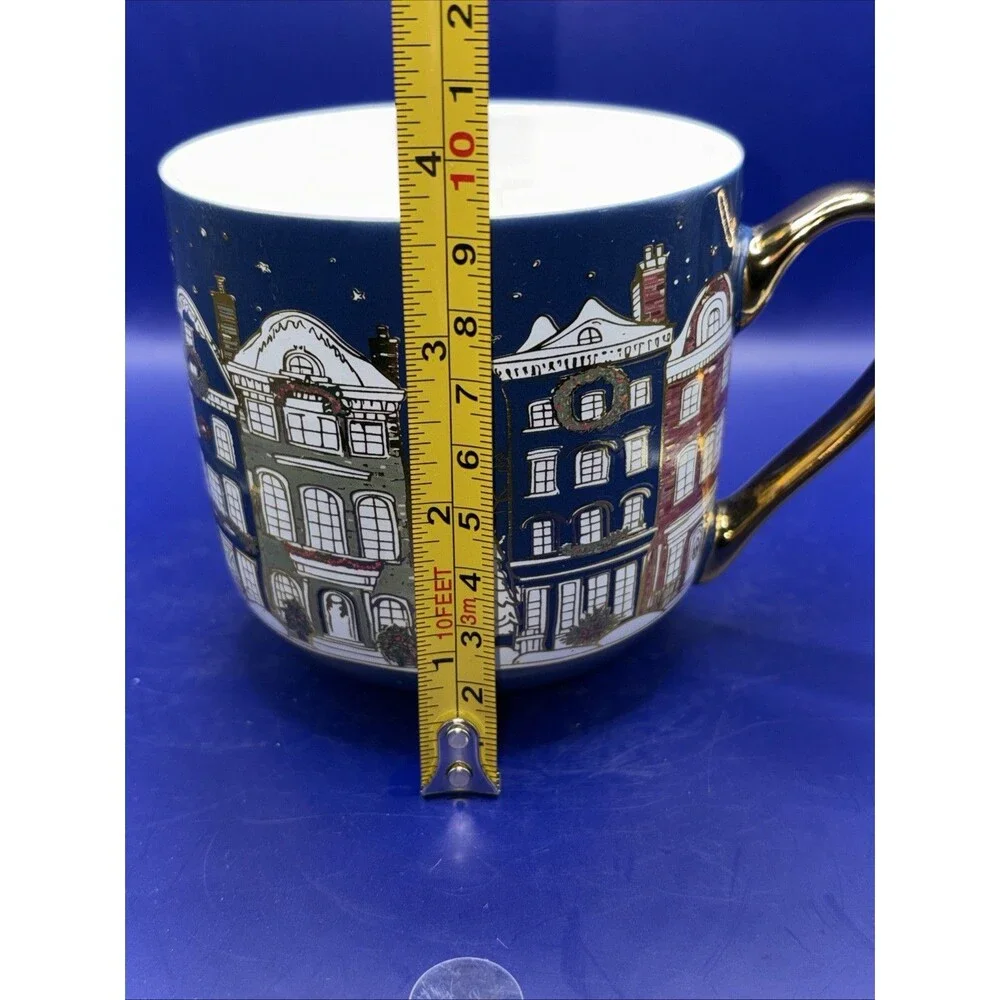 Christmas Winter Cityscape Ceramic Mug Blue Gold Handle - “Anthropology Style”